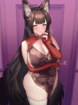  1girl amagi_(azur_lane) animal_ear_fluff animal_ears arm_under_breasts azur_lane bangs batsu blunt_bangs blurry blurry_background breasts bridal_gauntlets brown_hair china_dress chinese_clothes cleavage closed_mouth commission covered_nipples depth_of_field dress elbow_gloves eyebrows_visible_through_hair fox_ears gloves heavy_breathing highres huge_breasts long_hair no_panties partially_fingerless_gloves pelvic_curtain purple_eyes red_gloves second-party_source skeb_commission skindentation smile solo standing thighhighs very_long_hair white_legwear 