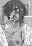  1girl breasts caressing_testicles censored eyepatch fellatio greyscale hetero highres kimi_ga_aruji_de_shitsuji_ga_ore_de kure_masahiro large_breasts monochrome natose oral penis saliva solo_focus testicles tongue translated 