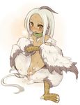  7010 animal_ears blush brown_eyes collar colored_pubic_hair dark_skin egg egg_laying feathered_wings feathers flat_chest harpy monster_girl nipples original pubic_hair pussy pussy_juice solo tail white_hair white_pubic_hair wings 