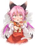  1girl animal_ears bird_ears bird_wings blush cat_ears cat_tail chen chen_(cosplay) collarbone cosplay dress earrings eyebrows_visible_through_hair fang fingernails ini_(inunabe00) jewelry juliet_sleeves long_fingernails long_sleeves multiple_tails mystia_lorelei nail_polish open_mouth pink_hair puffy_sleeves red_dress red_nails sharp_fingernails short_hair single_earring solo tail touhou two_tails white_wings wings yellow_eyes 