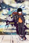  1boy black_hair black_jacket black_legwear black_pants colorized commentary_request dot_nose fantasy full_body gakuran gazing_eye grey_eyes haimura_kiyotaka highres hood hooded_jacket hoodie jacket kamijou_touma long_sleeves looking_at_viewer magic novel_illustration official_art orange_hoodie outstretched_arm pants scarf school_uniform short_hair solo spiked_hair spoilers toaru_majutsu_no_index toaru_majutsu_no_index:_new_testament walking white_footwear 