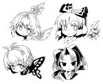  4girls antennae bird_wings blush bow butterfly_wings eternity_larva eyebrows_visible_through_hair fairy feathered_wings fujiwara_no_mokou greyscale hair_between_eyes hair_bow horns ini_(inunabe00) long_hair meira_(touhou) monochrome multiple_girls open_mouth short_hair simple_background tokiko_(touhou) touhou touhou_(pc-98) white_background wings 