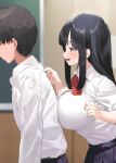  1boy 1girl bangs black_hair black_skirt blurry blurry_background blush bow bowtie breasts closed_mouth collared_shirt commentary commentary_request from_side kaisen_chuui large_breasts long_hair long_sleeves looking_at_another original parted_lips purple_eyes red_bow red_bowtie shirt shirt_tucked_in sidelocks skirt smile solo_focus white_shirt 