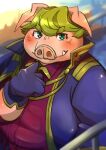  anthro belly blonde_hair blush chubby_cheeks classy clothed clothing coat_cape domestic_pig gloves green_eyes hair handwear hi_res male mammal matatabi88 overweight overweight_anthro overweight_male shirt_collar_pull smile solo suid suina sus_(pig) tiri_mama tusks 