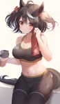 1girl :t abs absurdres ahoge animal_ears black_hair black_pants blush bottle breasts cleavage closed_mouth collarbone hair_ribbon hazuki_lime highres holding holding_bottle horse_ears kitasan_black_(umamusume) large_breasts looking_at_viewer multicolored_hair navel pants red_eyes red_ribbon ribbon short_hair simple_background sitting solo sports_bra stomach streaked_hair sweat towel_on_one_shoulder two-tone_hair two_side_up umamusume white_background white_hair yoga_pants 