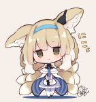  1girl animal_ears arknights beni_shake black_footwear black_gloves blonde_hair blue_dress blue_hairband chibi colored_tips dress earpiece fox_ears fox_girl fox_tail full_body gloves hairband kitsune kyuubi light_brown_background looking_at_viewer multicolored_hair multiple_tails pantyhose shadow signature simple_background single_glove single_wrist_cuff smile solo split_mouth suzuran_(arknights) tail white_hair white_legwear white_wristband wrist_cuffs yellow_eyes 