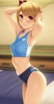 1girl annette_koenig arched_back armpits arms_behind_head arms_up bangs blonde_hair blue_buruma blurry blurry_background breasts buruma closed_mouth commentary_request cowboy_shot depth_of_field eyebrows_visible_through_hair from_side god_eater highres indoors looking_at_viewer looking_to_the_side navel red_eyes short_hair small_breasts smile solo sports_bra swept_bangs watanuki_kaname 