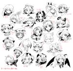  6+girls antennae bird_wings blush bow butterfly_wings character_name chen cirno crossover daiyousei eternity_larva eyebrows_visible_through_hair fairy feathered_wings fujiwara_no_mokou greyscale hair_between_eyes hair_bow hata_no_kokoro horns ini_(inunabe00) kemono_friends kishin_sagume kumoi_ichirin kurumi_(touhou) long_hair meira_(touhou) monochrome moriya_suwako multiple_crossover multiple_girls onozuka_komachi open_mouth passenger_pigeon_(kemono_friends) ryuuko_no_ken saigyouji_yuyuko sand_cat_(kemono_friends) shoebill_(kemono_friends) short_hair simple_background sukuna_shinmyoumaru the_king_of_fighters tibetan_fox_(kemono_friends) tokiko_(touhou) touhou touhou_(pc-98) usami_sumireko wakasagihime white_background wings yasaka_kanako yuri_sakazaki 