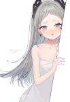  1girl :o absurdres arknights bare_arms bare_shoulders blush collarbone cowboy_shot dated earrings forehead grey_eyes grey_hair head_wings highres irene_(arknights) jewelry long_hair naked_towel ookamisama open_mouth peeking_out signature simple_background solo towel white_background 