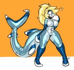  &lt;3 absurd_res animate_inanimate anthro big_breasts blonde_hair breasts collar digital_media_(artwork) female fish forced_smile glistening glistening_body hair hi_res inflatable lettuce_(artist) living_inflatable looking_down marine nozzle orange_background shark sharp_teeth simple_background solo standing surprise teeth 