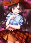  1girl :d bangs black_hair black_wings blue_shirt blush brown_headwear brown_skirt cowboy_hat cowboy_shot eyebrows_visible_through_hair feathered_wings hand_up hat highres horse_tail kurokoma_saki long_hair looking_at_viewer open_mouth pegasus_wings pink_eyes plaid puffy_short_sleeves puffy_sleeves ruu_(tksymkw) shirt short_sleeves skirt smile solo standing tail touhou very_long_hair wings 