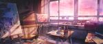  canvas_(object) chair classroom commentary_request curtains desk easel faucet highres indoors kyusoukyu no_humans original paint paint_splatter paintbrush painting_(object) purple_sky school_chair school_desk sink sunlight twilight window wooden_chair wooden_deck 