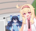  2girls artist_request black_hair blonde_hair blue_hair blush bow collared_shirt commentary_request expressionless gradient_hair hair_bow hairband hat hospital ii_desu_ka_ochitsuite_kiite_kudasai_(meme) indoors infirmary labcoat large_bow little_witch_nobeta long_hair looking_at_viewer meme metal_gear_(series) metal_gear_solid_v multicolored_hair multiple_girls necktie nobeta nurse_cap official_art open_mouth overalls parody pink_eyes pink_shirt scene_reference shirt tania_(little_witch_nobeta) upper_body 
