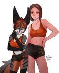  2022 anthro ariannafray_pr breasts brown_eyes brown_hair canid canine clothed clothing digital_media_(artwork) duo female fox fur green_eyes grey_body grey_fur hair hi_res human mammal smile 