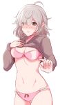  1girl ahoge bangs bare_legs blunt_bangs blush bow bow_bra bow_panties bra cowboy_shot eyebrows_visible_through_hair eyes_visible_through_hair frilled_bra frilled_panties frills furrowed_brow grey_hair grey_hoodie hair_over_one_eye hand_on_own_chest highres hood hood_down hoodie hoodie_lift k_(yzhw8387) magia_record:_mahou_shoujo_madoka_magica_gaiden mahou_shoujo_madoka_magica messy_hair miwa_mitsune navel nervous one_eye_covered orange_eyes panties pink_bra pink_panties short_hair sidelocks simple_background solo stomach sweat swept_bangs translucent_hair underwear white_background 