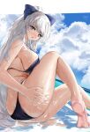  1girl ass azur_lane blush bow breast_press breasts cloud cloudy_sky commentary_request departure18 feet foot_out_of_frame from_side grey_eyes grey_hair hair_bow highres large_breasts long_hair looking_at_viewer official_alternate_costume ponytail purple_bow purple_swimsuit revision shiny shiny_skin sky solo swimsuit thighs vittorio_veneto_(azur_lane) vittorio_veneto_(the_flower_of_la_spezia)_(azur_lane) wet 