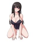  1girl arm_support bang_dream! bangs bare_arms bare_legs bare_shoulders barefoot black_camisole black_hair blush breasts camisole cleavage closed_mouth collarbone eyebrows_visible_through_hair full_body head_tilt highres kneeling large_breasts long_hair looking_at_viewer panties ptal purple_eyes purple_panties shirokane_rinko sidelocks simple_background solo spaghetti_strap underwear underwear_only white_background 
