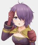  1girl alternate_hairstyle atorie bernadetta_von_varley breasts cleavage fire_emblem fire_emblem:_three_houses fire_emblem_warriors:_three_hopes frown gloves grey_eyes hair_over_one_eye highres long_sleeves looking_at_viewer open_mouth purple_hair short_sleeves small_breasts solo upper_body 