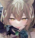  1girl 1other bangs black_background black_gloves blue_flower blue_rose brown_hair close-up earmuffs face flower gloves hair_between_eyes light_smile parted_lips portrait rose solo_focus syuri22 teeth touhou toyosatomimi_no_miko yellow_eyes 