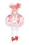  1girl absurdres baifeidaiwang bangs bow buttons choker commentary dress footwear_bow frilled_dress frilled_legwear frills full_body gloves hair_bow high_heels highres kaname_madoka kneehighs magical_girl mahou_shoujo_madoka_magica pink_dress pink_eyes pink_hair puffy_short_sleeves puffy_sleeves red_choker red_footwear shoes short_hair short_sleeves short_twintails simple_background solo soul_gem standing symbol-only_commentary twintails white_background white_gloves white_legwear 