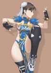  1girl alternate_costume bracelet breasts brown_eyes brown_hair bun_cover chun-li closed_mouth double_bun dress earrings fighting_stance fingerless_gloves frown gloves highres japanese_clothes jewelry knee_up looking_to_the_side medium_breasts ninja pelvic_curtain revealing_clothes shigenobu shoes shoulder_pads sideboob sneakers solo spiked_bracelet spikes street_fighter thighhighs thighs 