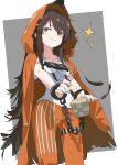  1girl arknights brown_feathers brown_hair cape cowboy_shot cuffs drawdrawdeimos feathers grey_background highres holding_cube hood hood_up hooded_cape kafka_(arknights) light_blush long_hair looking_at_viewer orange_cape orange_pants pants prison_clothes rubik&#039;s_cube shackles shirt sidelocks smirk solo sparkle two-tone_background very_long_hair white_background white_shirt yellow_eyes 
