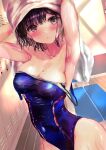  1girl :o absurdres armpits arms_up bangs black_hair blue_swimsuit blush breasts brown_eyes cleavage commentary_request covered_navel covered_nipples cowboy_shot eyebrows_visible_through_hair highres large_breasts locker locker_room looking_at_viewer ogata_tei one-piece_swimsuit open_mouth original school_swimsuit shiny_swimsuit short_hair solo strap_slip swimsuit towel towel_on_head wet 