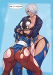  angel_(kof) ass breasts chinese_clothes chun-li cirenk cleavage dark-skinned_female dark_skin gloves highres jacket large_breasts panties pantyhose street_fighter the_king_of_fighters torn_clothes torn_legwear underwear white_hair 