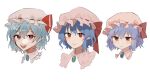  1girl :d ascot bangs blue_hair blush brooch eyebrows_visible_through_hair face frilled_shirt_collar frills hair_between_eyes hat highres jewelry looking_at_viewer mob_cap multiple_views open_mouth pointy_ears portrait red_eyes remilia_scarlet short_hair simple_background smile touhou upper_body white_background yanfei_u 