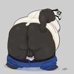  2022 anthro backsack balls belly big_belly big_butt black_body black_nose bottomwear bottomwear_down butt clothed clothing genitals giant_panda humanoid_hands male mammal moobs obese obese_male osos overweight overweight_male pants pants_down partially_clothed simple_background solo ursid white_body 