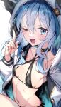  1girl ;d bikini black_bikini blue_eyes blue_hair blush breasts choker hololive hood hooded_jacket hoshimachi_suisei jacket looking_at_viewer navel one_eye_closed redcomet small_breasts smile solo swimsuit virtual_youtuber 