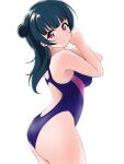  1girl ass bangs blue_hair competition_swimsuit cowboy_shot evildaddy12 highres long_hair looking_at_viewer love_live! love_live!_sunshine!! one-piece_swimsuit red_eyes side_bun simple_background smile solo standing swimsuit tsushima_yoshiko white_background 