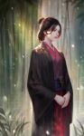  1girl bangs black_hair closed_mouth emma_the_gentle_blade hair_bun highres japanese_clothes kimono long_sleeves phamoz sekiro:_shadows_die_twice short_hair simple_background solo updo 