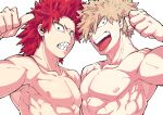  2boys bakugou_katsuki blonde_hair boku_no_hero_academia clenched_hand clenched_teeth kirishima_eijirou looking_at_viewer male_focus multiple_boys nipples pectorals red_eyes red_hair sharp_teeth simple_background spiked_hair teeth thumbs_up toned toned_male tongue tongue_out topless_male upper_body white_background yazaki_(yazakc) 