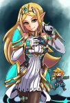  1girl bangs bare_shoulders blonde_hair blue_eyes breasts cleavage cosplay dress elbow_gloves gloves green_eyes highres jewelry link long_hair looking_at_viewer mythra_(massive_melee)_(xenoblade) mythra_(xenoblade) mythra_(xenoblade)_(cosplay) pantyhose pointy_ears princess_zelda rex_(xenoblade) rex_(xenoblade)_(cosplay) simple_background smile stoic_seraphim super_smash_bros. swept_bangs the_legend_of_zelda the_legend_of_zelda:_breath_of_the_wild tiara very_long_hair white_dress xenoblade_chronicles_(series) xenoblade_chronicles_2 