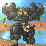  abs anthro anubis biceps big_biceps big_muscles big_pecs big_penis black_body bodily_fluids canid canine canis clothed clothing deity egyptian egyptian_mythology flexing flexing_both_biceps genitals hi_res huge_muscles hyper hyper_muscles jackal joshtiger male mammal middle_eastern_mythology muscular mythology pecs penis pose solo sweat topless topless_male 