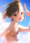  1girl :d arm_up bangs bare_shoulders bikini blue_sky blush bracelet breasts brown_eyes brown_hair cleavage collarbone day eyebrows_visible_through_hair from_side futami_mami hair_ornament highres idolmaster idolmaster_(classic) jewelry lens_flare light_rays looking_at_viewer looking_to_the_side mikapoe open_mouth outdoors short_hair sky small_breasts smile solo star_(symbol) star_hair_ornament striped striped_bikini sunbeam sunlight swept_bangs swimsuit upper_body 