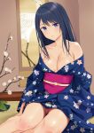  1girl bangs banned_artist bare_shoulders black_hair blue_eyes blue_kimono branch breasts cleavage commentary_request eyebrows_visible_through_hair feet_out_of_frame floral_print flower hair_between_eyes japanese_clothes kimono long_hair looking_at_viewer medium_breasts n.g. no_panties obi off_shoulder original parted_lips print_kimono pussy sash sitting solo white_flower 