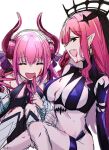  2girls blood breasts detached_sleeves elizabeth_bathory_(fate) elizabeth_bathory_(first_ascension)_(fate) fairy_knight_tristan_(fate) fairy_knight_tristan_(second_ascension)_(fate) fate/grand_order fate_(series) flat_chest large_breasts laughing multiple_girls non-web_source pink_hair 