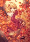  1girl aki_shizuha arm_up autumn_leaves bangs black_footwear blonde_hair bob_cut bobby_socks branch brown_shirt brown_skirt buttons closed_mouth collared_shirt curly_hair eyebrows_visible_through_hair eyelashes floral_background floral_print flower full_body hair_ornament highres kyouda_suzuka leaf leaf_hair_ornament leaf_on_head light_smile loafers long_sleeves looking_at_viewer maple_leaf one_eye_closed outdoors petals shirt shoes short_hair skirt skirt_hold skirt_set socks solo swept_bangs touhou tree white_legwear wide_sleeves yellow_eyes 