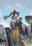  1girl absurdres animal animal_ears arknights bare_shoulders black_jacket blue_sky breasts brown_hair cloud cloudy_sky cowboy_hat criss-cross_halter feet_out_of_frame grey_hair halterneck hat highres holding holding_knife jacket knife long_hair looking_at_viewer multicolored_hair natsuba002 official_alternate_costume open_clothes open_jacket outdoors ponytail purple_hair raccoon raccoon_ears raccoon_girl robin_(arknights) robin_(gift_of_wild)_(arknights) shirt sidelocks skirt sky sleeveless sleeveless_shirt small_breasts solo standing streaked_hair white_shirt yellow_eyes yellow_skirt 
