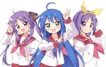 3girls :3 ahoge arm_up bangs blue_hair blush bow bright_pupils brown_bow closed_mouth cowboy_shot dot_nose double_horizontal_stripe eyebrows_visible_through_hair eyes_visible_through_hair flipped_hair green_eyes hair_between_eyes hair_bow hair_ornament hand_on_hip hand_up hands_up haru_(konomi_150) head_tilt highres hiiragi_kagami hiiragi_tsukasa izumi_konata long_hair long_sleeves looking_at_viewer lucky_star medium_hair miniskirt multiple_girls neckerchief open_mouth outline pleated_skirt purple_eyes purple_hair red_neckerchief red_sailor_collar red_skirt ryouou_school_uniform sailor_collar school_uniform shirt sidelocks simple_background skirt sleeves_past_wrists smile standing straight_hair tareme tsurime twintails upper_body v very_long_hair white_background white_outline white_shirt yellow_bow 