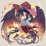  1girl :d bandana bangs black_hair black_wings blue_shirt blush boots brown_headwear chibi cowboy_hat feathered_wings full_body grey_background hair_between_eyes hat highres horse_tail kurokoma_saki long_hair nikorashi-ka open_mouth pegasus_wings puffy_short_sleeves puffy_sleeves red_eyes shirt short_sleeves simple_background skirt smile solo tail touhou unmoving_pattern very_long_hair wings 