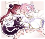  2girls blush breasts brown_hair closed_eyes closed_mouth dress drill_hair eyebrows_visible_through_hair eyepatch frilled_dress frills gothic_lolita hair_ribbon hanazono_yurine hat hug jashin-chan_dropkick large_breasts lolita_fashion long_hair looking_at_viewer mini_hat mmkaeo multiple_girls open_mouth pino_(jashin-chan_dropkick) ribbon shiny shiny_hair short_hair small_breasts smile twintails yuri 