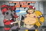  2022 anthro belly big_belly bodily_fluids bowser bulge canid canine clothing el_booki group hi_res incineroar jockstrap koopa locker_room male male/male mammal mario_bros moobs musclegut musk navel nintendo nipples overweight overweight_male pok&eacute;mon pok&eacute;mon_(species) red_body scalie shirt sniffing sweat topwear underwear underwear_sniffing video_games 