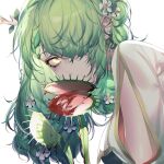  1girl absurdres arm_cutout bangs blood ceres_fauna covered_mouth english_commentary flower green_hair hair_behind_ear hair_flower hair_ornament hair_over_one_eye highres hololive hololive_english long_hair looking_at_viewer one_eye_covered plant solo venus_flytrap virtual_youtuber white_flower yellow_eyes ysoroth 