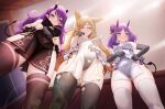  3girls absurdres adjusting_dress alternate_costume animal_ears arknights ass_visible_through_thighs black_gloves black_legwear black_panties blonde_hair blush braid breasts cameltoe china_dress chinese_clothes closed_eyes cowboy_shot ddddecade demon_girl demon_horns demon_tail diamond-shaped_pupils diamond_(shape) dress elbow_gloves from_below gloves groin hair_bun hibiscus_(arknights) highres horns kroos_(arknights) lava_(arknights) lens_flare long_hair looking_at_viewer medium_breasts multiple_girls panties pelvic_curtain pink_nails pointy_ears purple_eyes purple_hair rabbit_ears see-through see-through_dress side-tie_panties single_glove strapless strapless_dress symbol-shaped_pupils tail thighhighs underboob underwear very_long_hair white_legwear 