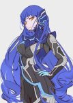  1girl androgynous armor bangs blue_hair bodysuit breasts eyelashes genderswap genderswap_(mtf) highres long_hair looking_at_viewer protagonist_(smtv) shin_megami_tensei shin_megami_tensei_v simple_background solo tomasoup9639 very_long_hair yellow_eyes 