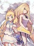  2girls arc_draws bangs blonde_hair blunt_bangs braid cosmog dress french_braid green_eyes hair_over_one_eye highres leggings lillie_(pokemon) long_hair lusamine_(pokemon) miniskirt mother_and_daughter multiple_girls pleated_skirt pokemon pokemon_(game) pokemon_sm shirt short_dress skirt sleeveless sleeveless_dress twin_braids twitter_username very_long_hair watermark white_dress white_legwear white_shirt white_skirt 