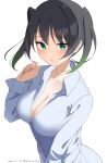  1girl black_hair blue_shirt blush breasts cleavage collarbone dated eyebrows_visible_through_hair gradient_hair green_eyes green_hair hand_up highres hirota_fruit large_breasts long_hair long_sleeves looking_at_viewer love_live! love_live!_nijigasaki_high_school_idol_club multicolored_hair open_mouth shirt simple_background solo takasaki_yuu twintails twitter_username two-tone_hair upper_body white_background 